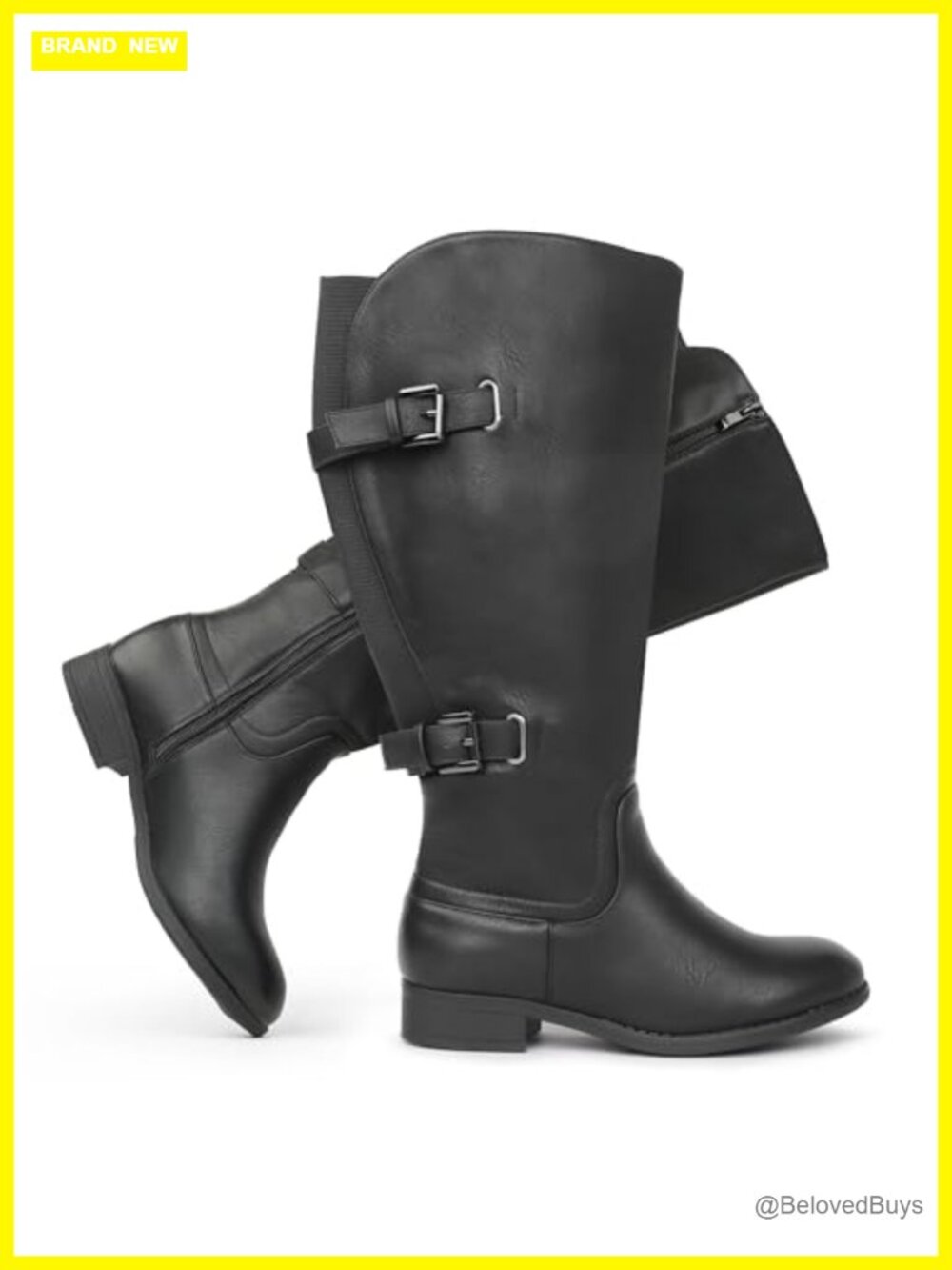 Women's Wide Calf Knee High Boots Stretch Goring Low Block Heel Double Buckle